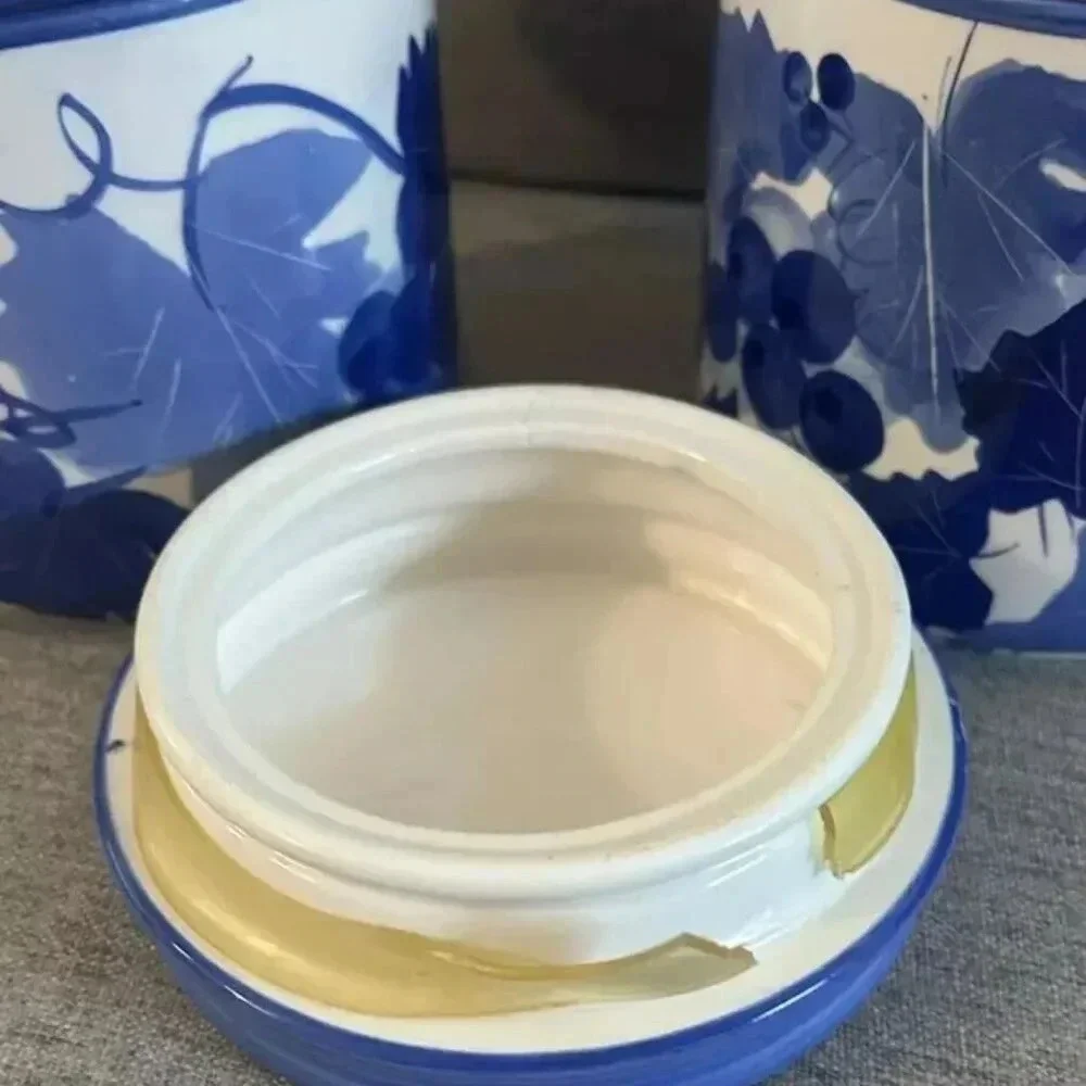 Pair of Hand Painted Blue & White Grapes & Vines Canisters + Lid